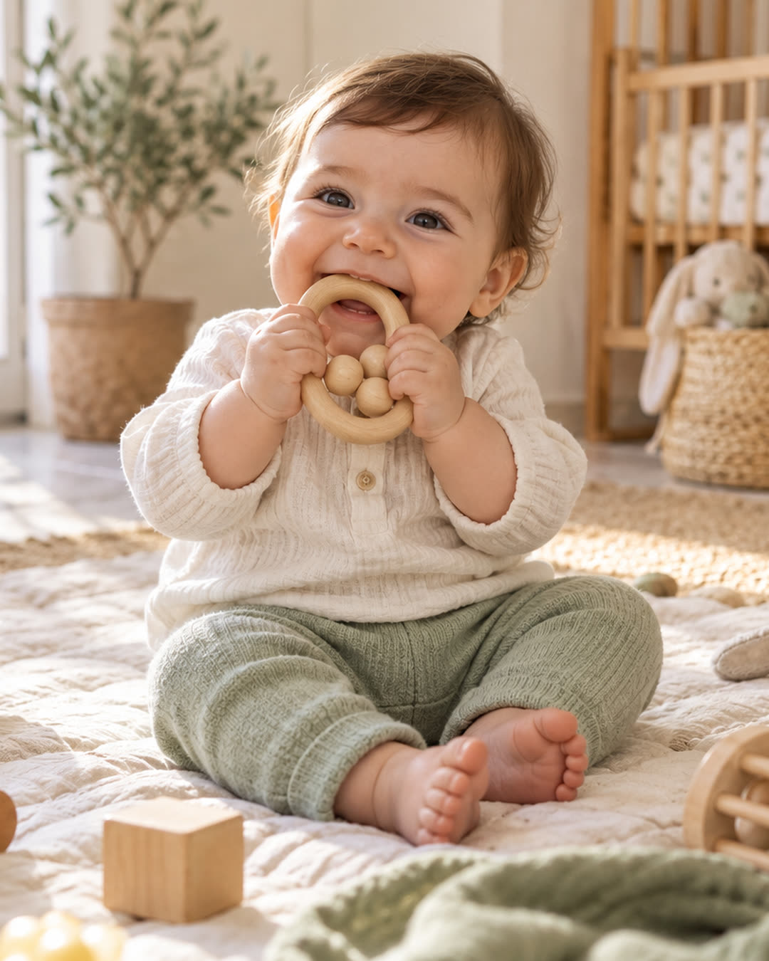 Un bimbo sorridente morde un sonaglio di legno